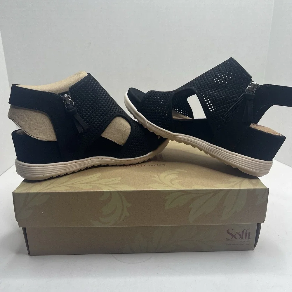 Sofft Shandi Womens 7 M Black Perforated Suede Wedge Sandals SF0044321 NIB
